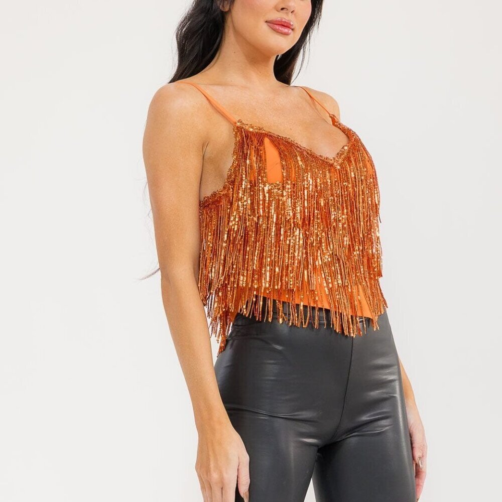 Orange Sequin Fringe Top Cropped Tassel Clubwear Glitter Rave Disco Cowgirl